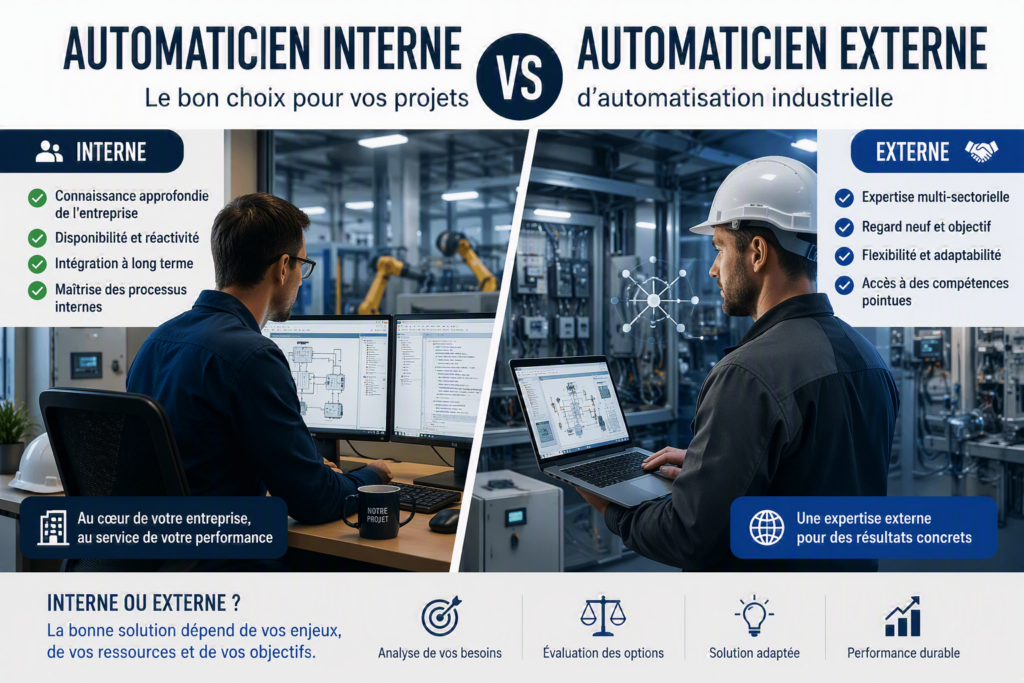 Comparaison entre automaticien interne et automaticien externe pour projets d’automatisation industrielle avec avantages et cas d’usage
