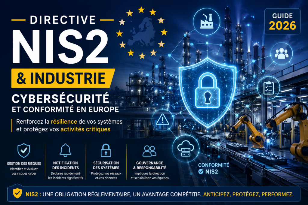 Illustration de la directive NIS2 appliquée à l'industrie avec cybersécurité et protection des systèmes industriels