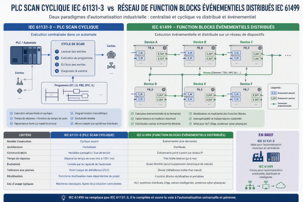 Schéma comparatif entre le modèle PLC scan cyclique IEC 61131-3 et le réseau distribué de Function Blocks événementiels IEC 61499 dans l'automatisation industrielle.